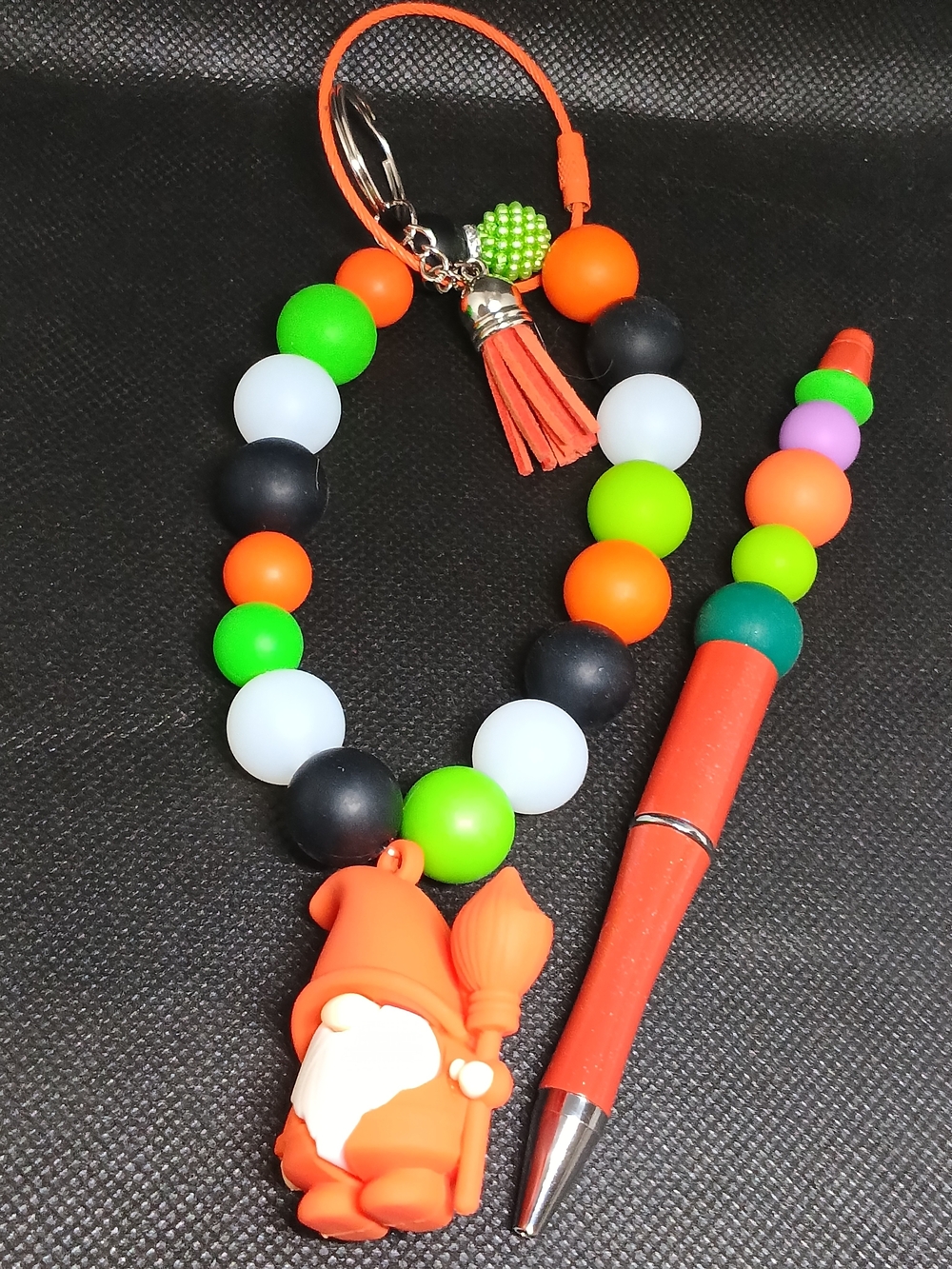 Orange Gnome Bead Keychain with Tassel Charm
